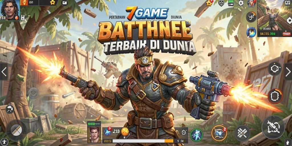Screenshot 7GAME menampilkan aksi seru di medan perang Battle Royale.
