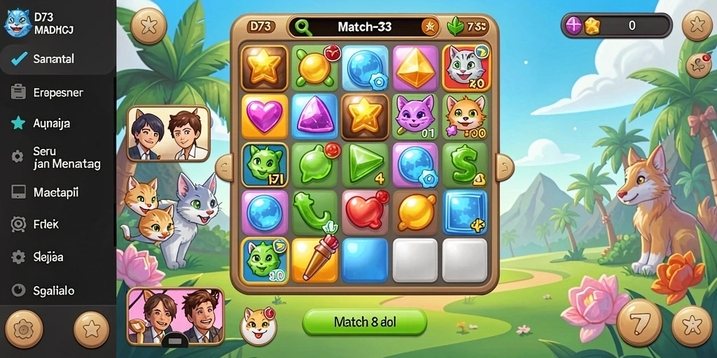 Tampilan gameplay D73 dengan grafis cerah dan elemen Match-3.