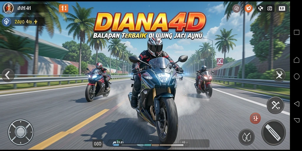 Screenshot gameplay DIANA4D menampilkan balapan motor yang mendebarkan.