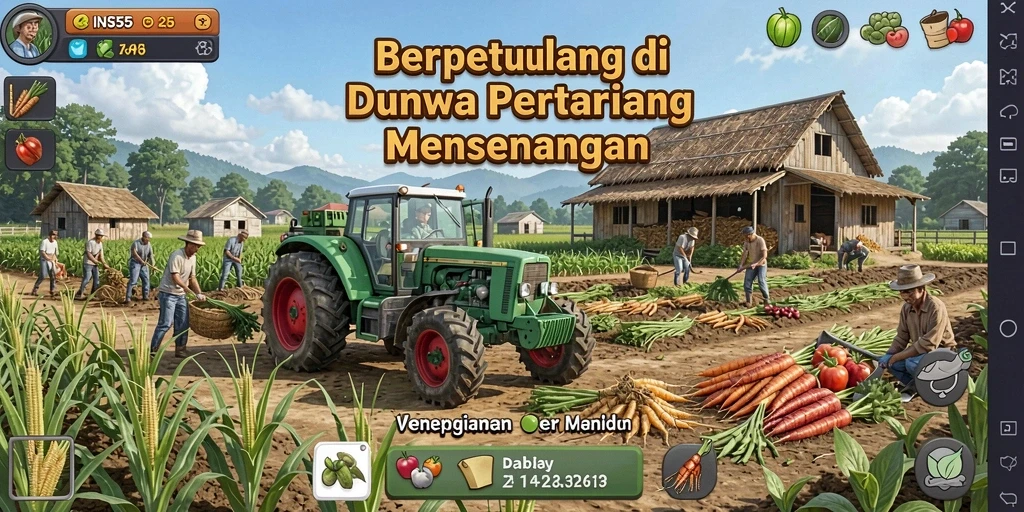 Screenshot gameplay INS55 menampilkan aktivitas bertani yang beragam.