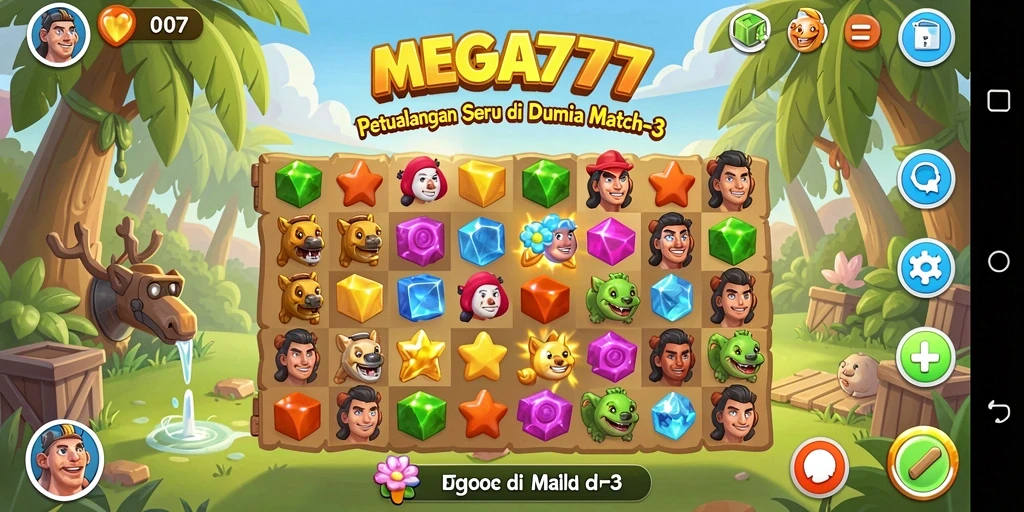 Screenshot MEGA777 menampilkan gameplay Match-3 yang seru dan penuh warna.