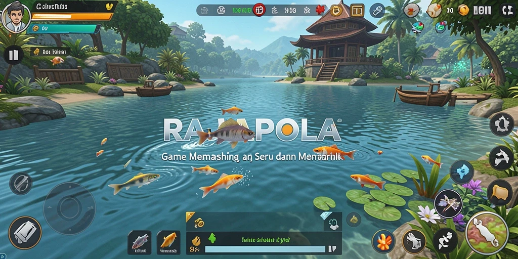 Gameplay RAJAPOLA menampilkan momen seru saat memancing ikan di perairan yang indah.