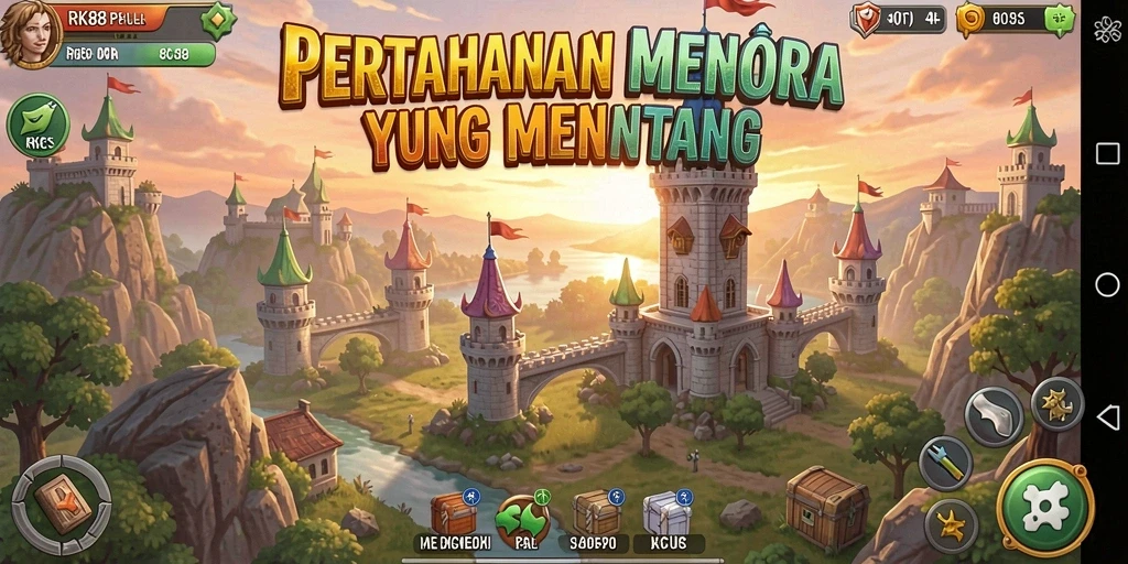 Screenshot utama RK88 menampilkan aksi pertahanan menara yang intens.