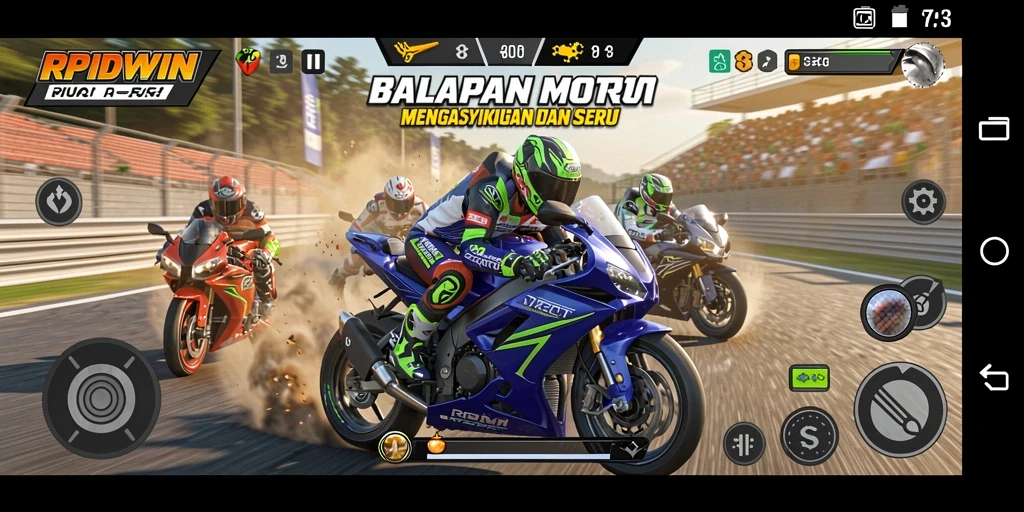 Tampilan menarik dari gameplay balapan motor RPIDWIN yang mendebarkan.
