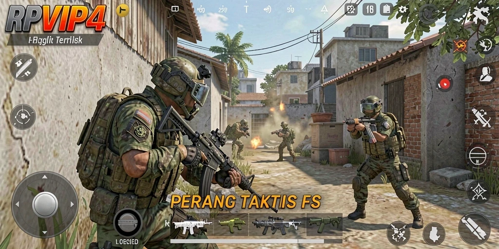 Screenshot gameplay RPVIP4 dengan aksi menembak intens.
