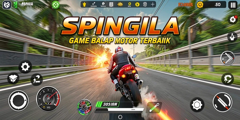 Tangkapan layar gameplay SPINGILA menampilkan aksi balap motor yang seru dan mendebarkan.