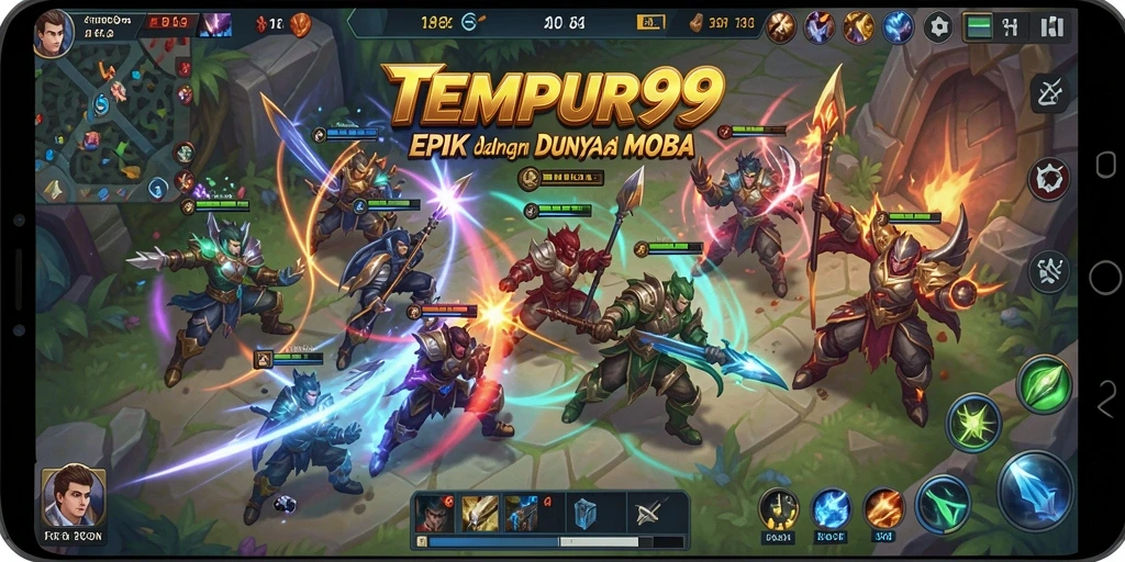 Screenshot gameplay TEMPUR99 menampilkan aksi pertempuran MOBA yang seru.